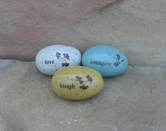 Pebble Rattles Set of 3 - Handmade Stoneware Ceramic Pottery - Blue Celadon, Sun Yellow, White - Ginkgo