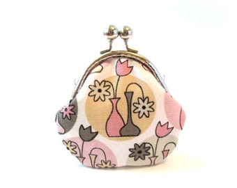 Frame coin pouch, grey pink kiss lock clasp silver frame purse metal change purse