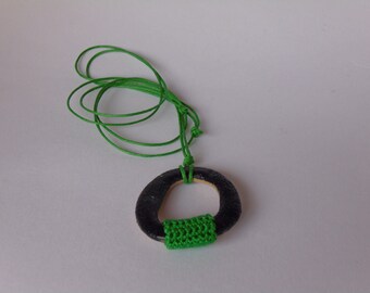Necklace with ceramic pendant and crochet detail, Crochet necklace, Ceramic necklace, Blue green necklace, Glazed ceramic, Textile jewelry