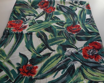 Vintage 1940's Green, Grey, Black, Red Poppies Floral Fabric, 2 yards