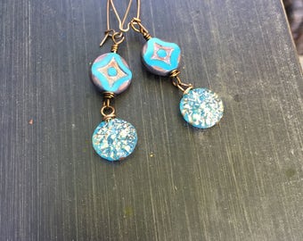 Galaxy Czech Glass Dangle Earrings Flower earrings Green Earrings Boho Jewelry Product Id: GD217