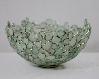 Large Sea Glass Bowl , Seafoam, Blue and White. English Beach Glass, Sea Glass Art , Stained glass