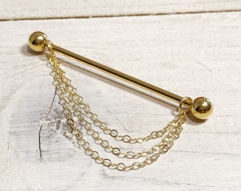 14 Gauge/1.6mm-38mm industrial barbell-triple gold/rose gold filled-925 sterling silver chains-gold/silver barbell -body jewellery