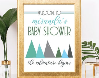 Mountain Baby Shower Sign - Customizable Text - The Adventure Begins Theme - Printable - 8.5x11 Digital Download