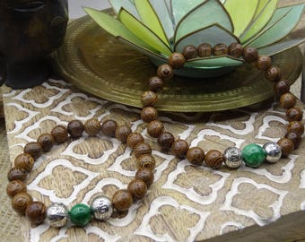 Malas duo gift couple Valentine wood Redwood malachite and metal bead
