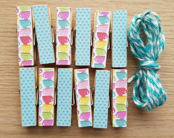 Rainbow Smiling Teacups Chunky Little Clothespin Clips w Twine for Display - Set of 12 - Girl Baby Birthday - Coffee Shop - Clothesline
