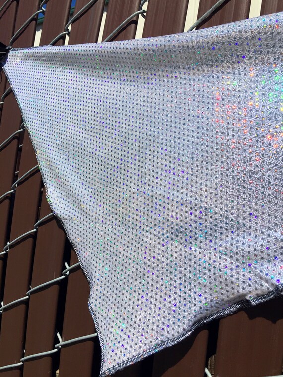 Holographic Silver Spandex Bandana w/ Holo Rainbow Dot pattern and Hidden Stash Pocket