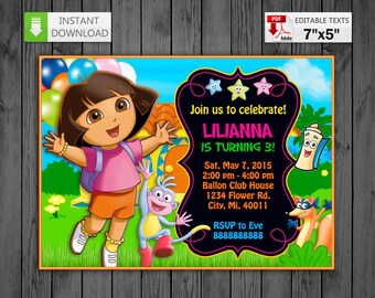 Printable invitation Dora the Explorer in PDF with Editable Texts, Dora the Explorer Invitation, edit and print yourself! Instant Download!