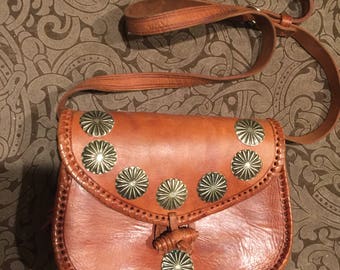 Vintage Western Leather Whip Stitched Silver Concho Brown Purse Handbag