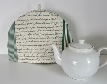 Fabric tea cozy, Cotton fabric cozy, Lined teapot warmer, Patchwork print fabric, Green and linen