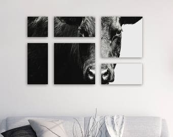 Black Angus Canvas Panel Split Wall Art Collage -Animal Cow Art -Photography Black & White -Farmhouse Home Decor -Cow Print -Large Wall Art
