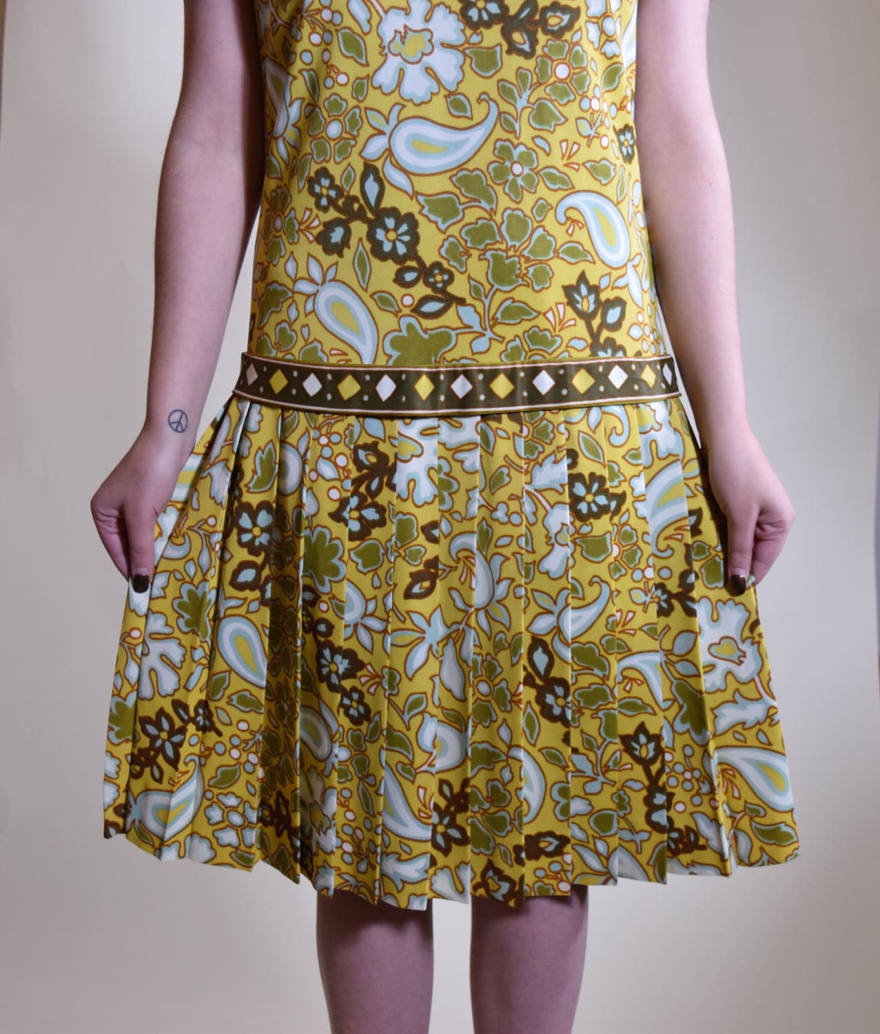 1960's mod drop waist pleated dress with bohemian floral pattern women