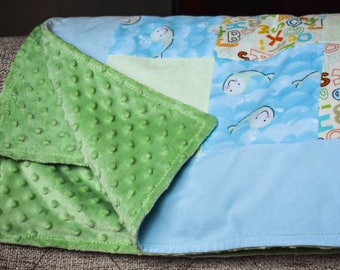 Whales & ABCs Minky and Flannel Baby Blanket | Baby Boy Blanket | Blue and Green Baby Blanket