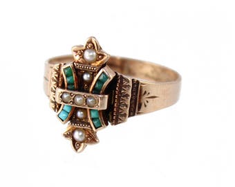 antique victorian turquoise and pearl ring, c. 1890