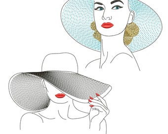 Beautiful female face - female silhouette - woman in hat - girl - very beautiful girl : Machine embroidery design
