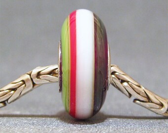 Red, White & Green Handmade Stripe Lampwork Glass Bead Euro Charm Christmas Ribbons II