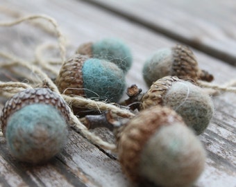 Set of 6 Marbled Needle Felted Acorn Ornaments Sage Green, Blue, Beige