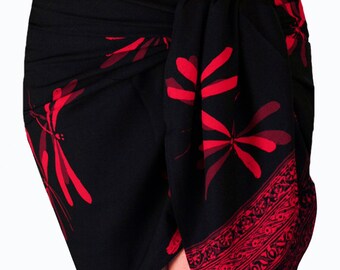 Dragonfly Sarong Skirt Womens Mini Wrap Skirt - Batik Sarong Pareo - Beach Skirt Black & Red Dragonfly Cover Up - Short Black Beach Sarong