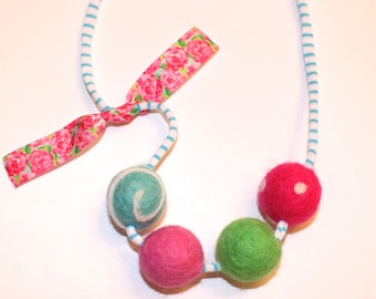 Colorful Flowers Felted Wool Ball Necklace
