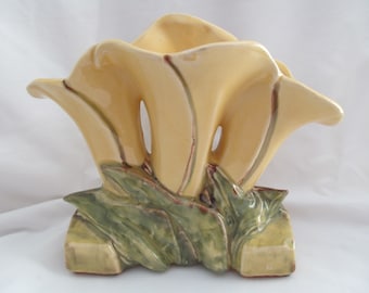 Vintage McCoy Art Pottery Triple Lily Flower Yellow Vase
