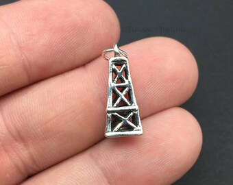 3D Sterling Silver Oil Derrick Charm, Refinery, .925 Silver, DIY, Bracelet Charms, (C499)