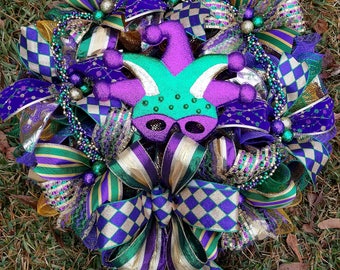 Jester Wreath, Mardi Gras Wreath, Mardi Gras Decor, Ready to Ship thru 1/3