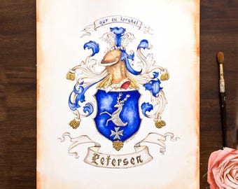 Custom Family Crest - Hand Drawn Heraldry from existing illustration or research - 11" by 14" - coat of arms art for a unique gift