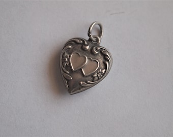 Puffy Heart Charm Sterling Silver Mama Double Heart Vintage Pendant