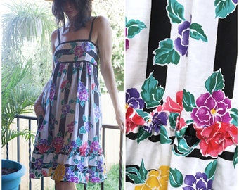 1970s 80s Black & White Striped Floral Sundress // Spaghetti Strap Empire Waist Muumuu w Ruffle Hem sz S / M