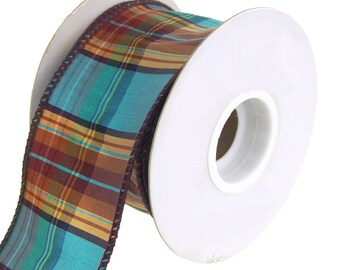 Elizabeth Plaid Wired Dupioni Ribbon, Turquoise, 2-1/2-Inch, 10 Yards