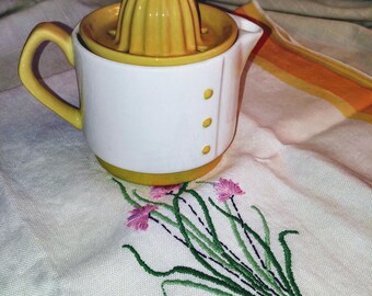 Vintage Cheery Yellow Two-Piece Juicer Reamer; Mid Century Modern Juicer, Vintage Reamer, MCM Yellow and White Ceramic, Button Down Design