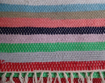 Vintage Handmade Rag Rug, Green Pink Striped, Handwoven on Loom w/ Fringe, 42" x 24" Cheerful Bright ~ 3 x 2 ft, Kitchen, Bathroom, Porch