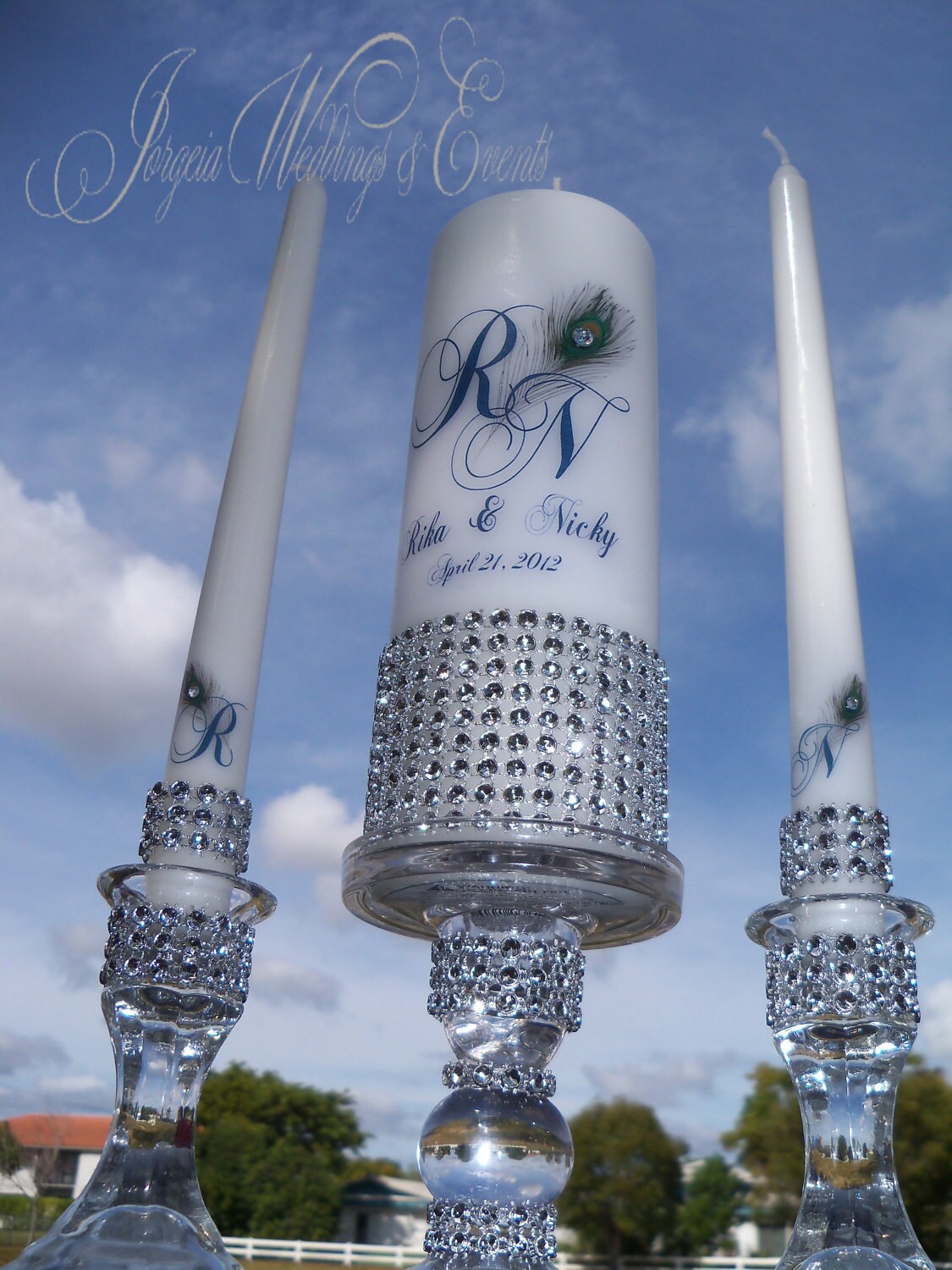 Bling Peacock Unity Candle and Holder set