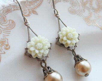 75% Off Price Sale, Ivory Mum, Flower Earrings, Vintage Faux Pearl Bead,Camel Brown, Beige, Tan, Khaki, Antique Brass Filigree