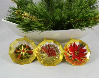 Vintage Jewel Brite Ornaments, Mid Century Gold Plastic Jewel Diorama Christmas Ornament