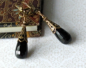 Black Onyx TearDrop Drop Earrings 14 kt Gold Filled Vintage Edwardian Victorian Art Deco Boho Anniversary Birthday Bridal Wedding Gift