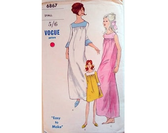 Vintage 60's Vogue 6867 Nightdress, Nightwear, Nightgown Nightie Sewing Pattern in Two Lengths Size Small UK 10-12