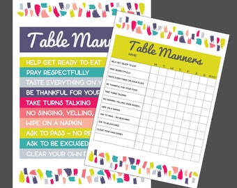 Table Manners Poster Set with chart and checklist table manners for toddlers and young kids ages 3-10 table manners chart instant download