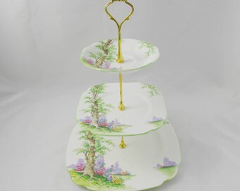 Three Tier Cake Stand Made from Royal Albert Greenwood Tree Plates, Vintage Bone China