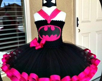 Batgirl Tutu Dress (Crochet top,Ribbon Trim), use as a costume or a Birthday celebratiion