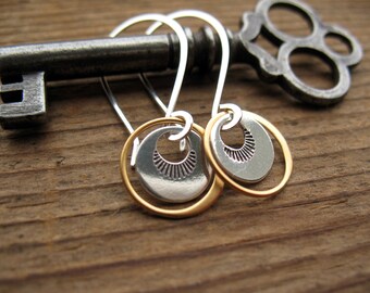 Mixed Metal Earrings, Minimal Earrings, Everyday Earrings, Round Earrings, Silver and Gold, Stamped Metal Earrings, Sterling Silver