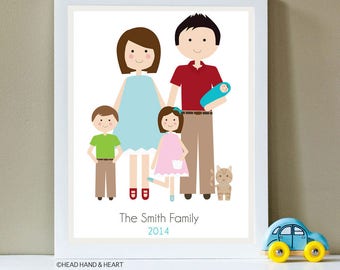 Custom Portrait, Family Portrait, Family of Five and Pet