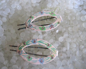 vintage hair barrette , Enamel baked on finish barrette, hand painted flowers