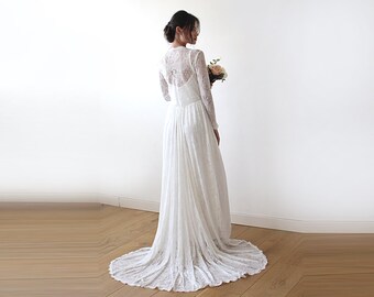 Lace tulip wrap, Long sleeves lace dress, Wedding dress with train, Wrap style bridal gown, Ivory wedding dress, 1195