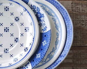 Blue and White Mismatched Saucers Set of 4 Tea Party Plates for Wedding, Cottage Chic, Vintage Replacement China