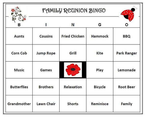 family reunion bingo game 60 cards picnic family theme