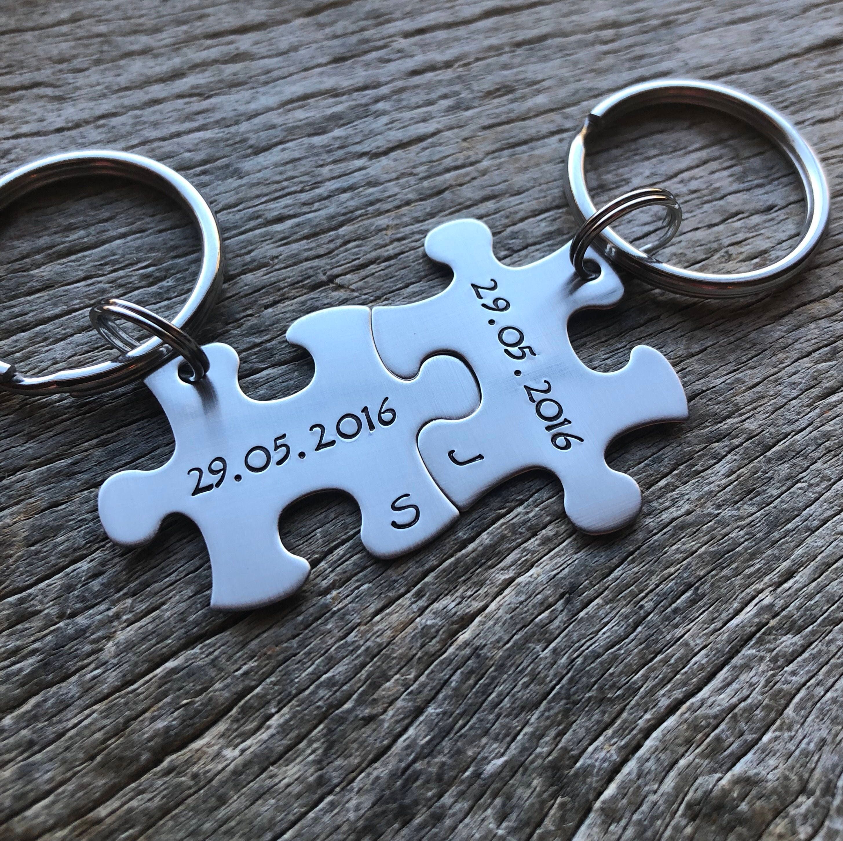 Couples Custom Puzzle Piece key Chain Set Hers Date and