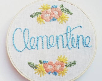 Custom name embroidery; Baby shower gift; Nursery decor; Custom baby gift; Floral embroidery; Embroidered name; Baby girl gift; Floral name