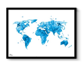 world map poster art print world map watercolor world map a3 or a4