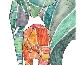 Mother And Baby Elephant Watercolor Print on Canvas or Paper